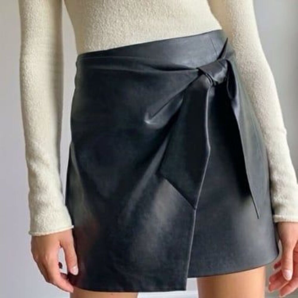 Wilfred vegan leather mini wrap bow tie skirt